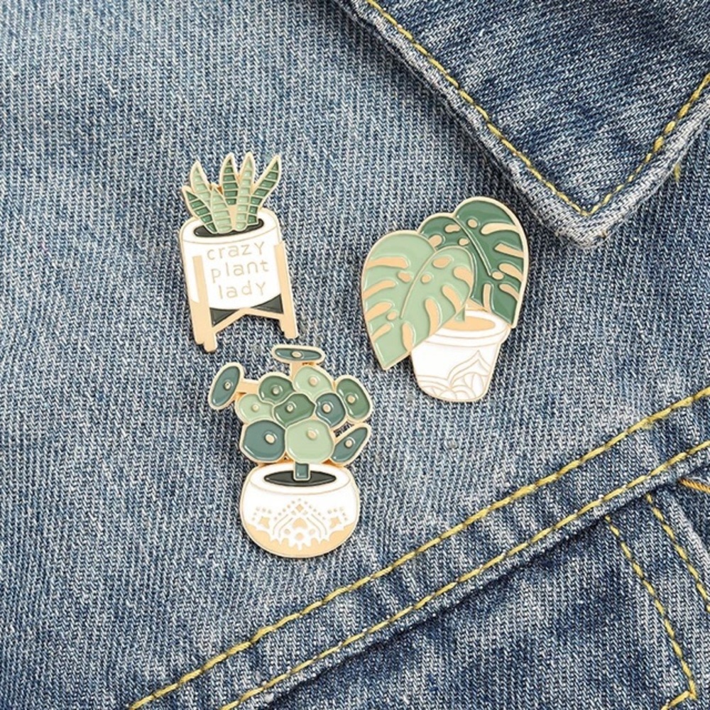 Boho Potted Snake Plant On A Stand “Crazy Plant Lady” Metal Enamel Pin Brooch - Picture 5 of 13